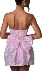 JUMISEE Embroidery Satin Homecoming Dress with Bow Modest Strapless Mini Dresses A Line Short Prom Dress Party Gown