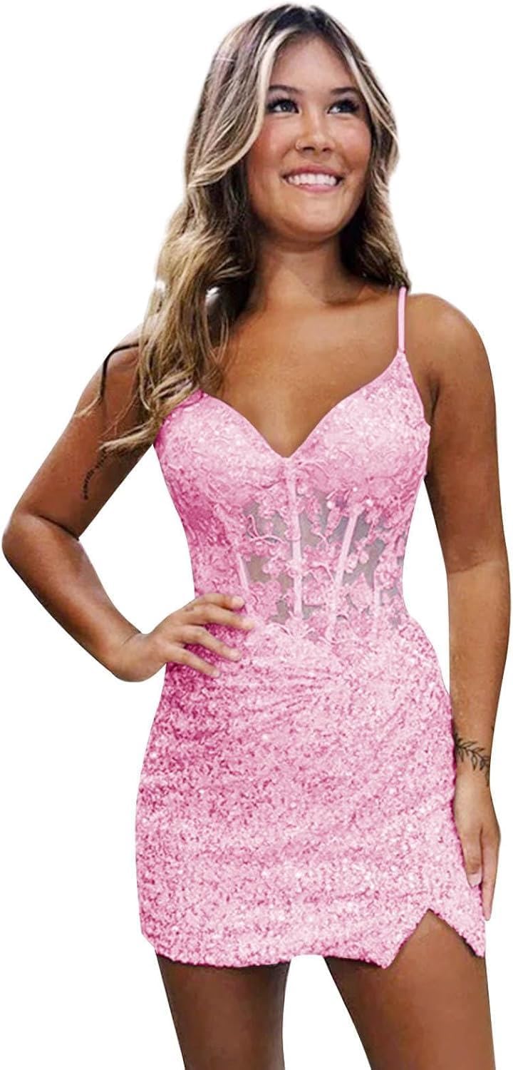 Loyeloy Short Homecoming Dresses for Teens 2025 V Neck Sparkly Sequin Applique Prom Evening Gowns