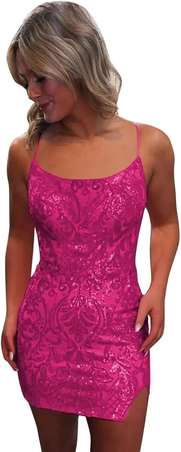 Tight Sequin Homecoming Dresses for Teens Sparkly Short Prom Dress with Slit Glitter Cocktail Gowns