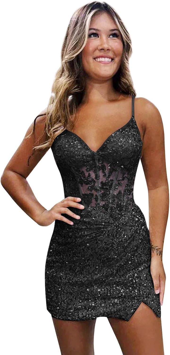 Loyeloy Short Homecoming Dresses for Teens 2025 V Neck Sparkly Sequin Applique Prom Evening Gowns