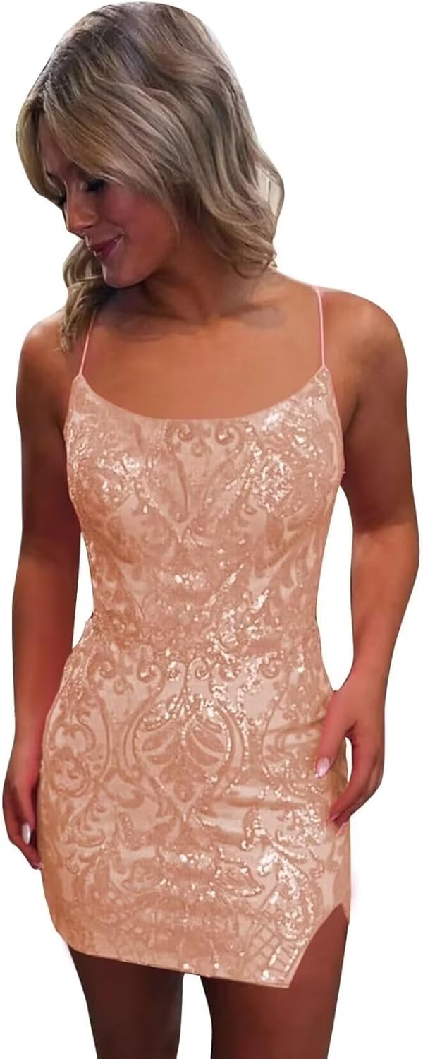 Tight Sequin Homecoming Dresses for Teens Sparkly Short Prom Dress with Slit Glitter Cocktail Gowns