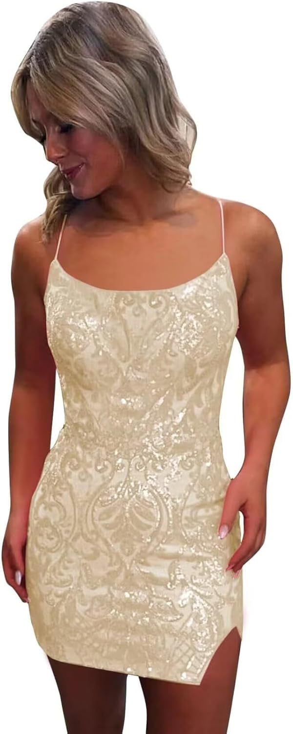 Tight Sequin Homecoming Dresses for Teens Sparkly Short Prom Dress with Slit Glitter Cocktail Gowns