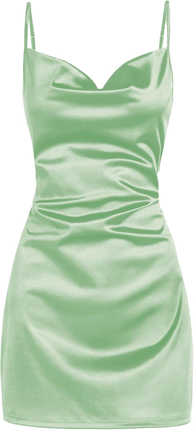 ZAFUL Women's Satin Sleeveless Spaghetti Strap Mini Dress Sexy Slip Cowl Neck Silky Cocktail Party Dresses