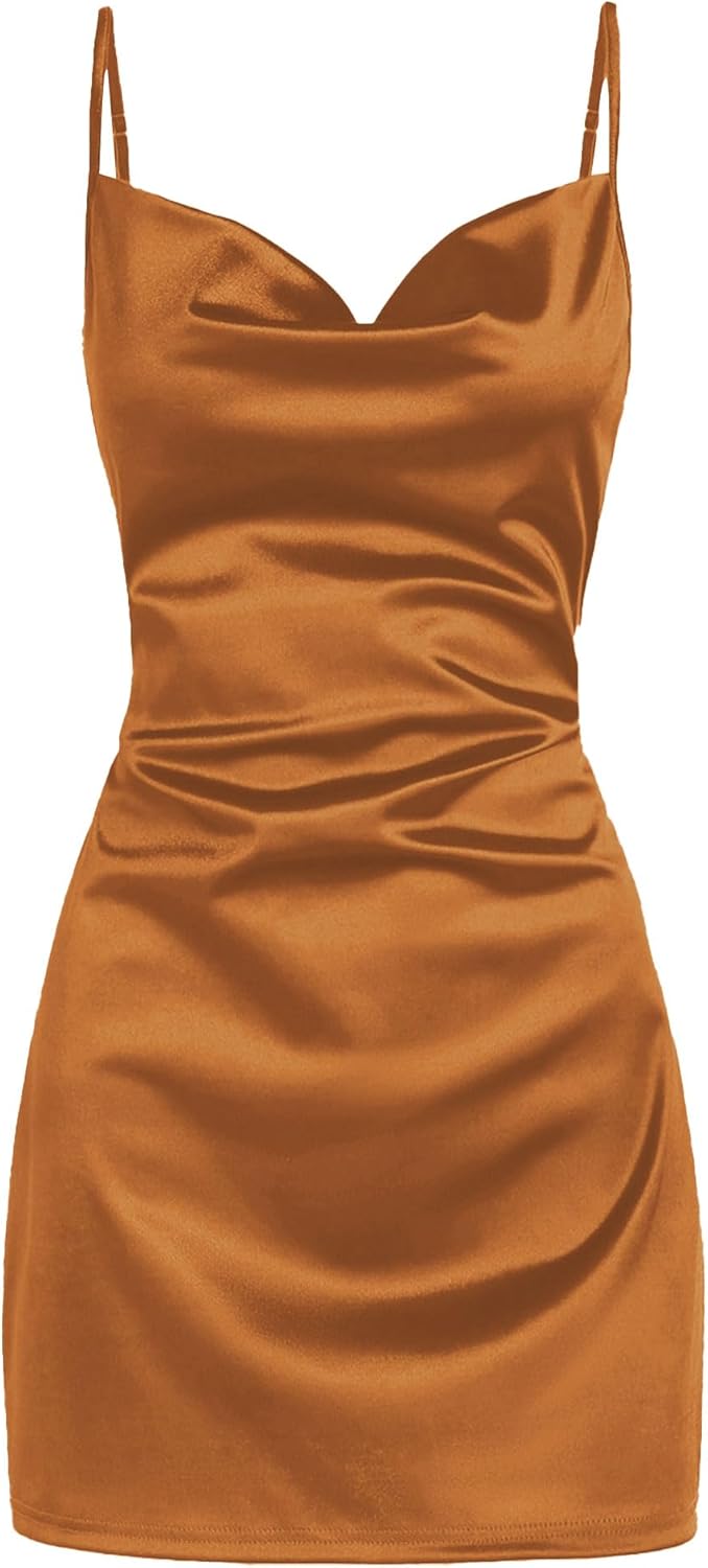 ZAFUL Women's Satin Sleeveless Spaghetti Strap Mini Dress Sexy Slip Cowl Neck Silky Cocktail Party Dresses