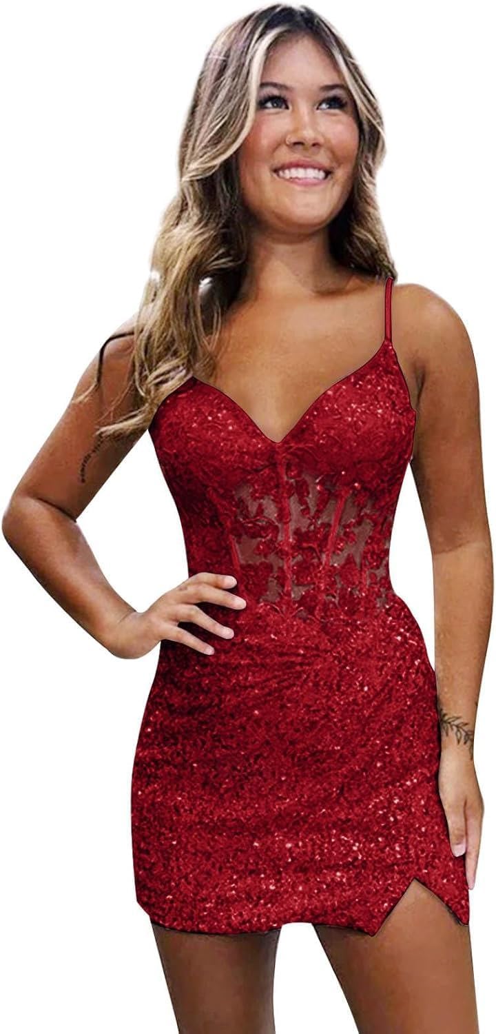 Loyeloy Short Homecoming Dresses for Teens 2025 V Neck Sparkly Sequin Applique Prom Evening Gowns