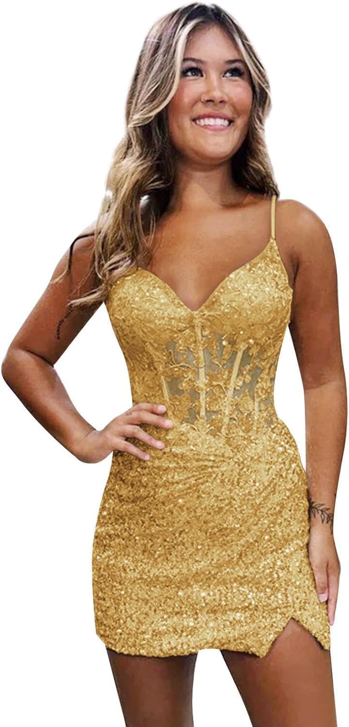 Loyeloy Short Homecoming Dresses for Teens 2025 V Neck Sparkly Sequin Applique Prom Evening Gowns