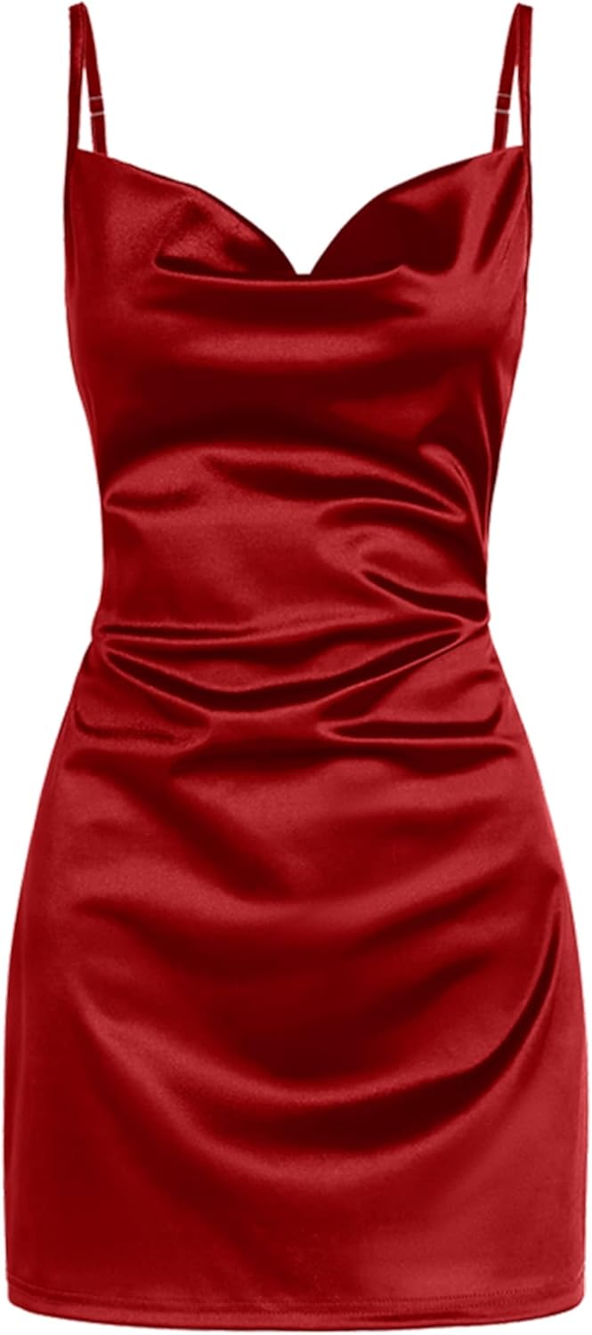 ZAFUL Women's Satin Sleeveless Spaghetti Strap Mini Dress Sexy Slip Cowl Neck Silky Cocktail Party Dresses
