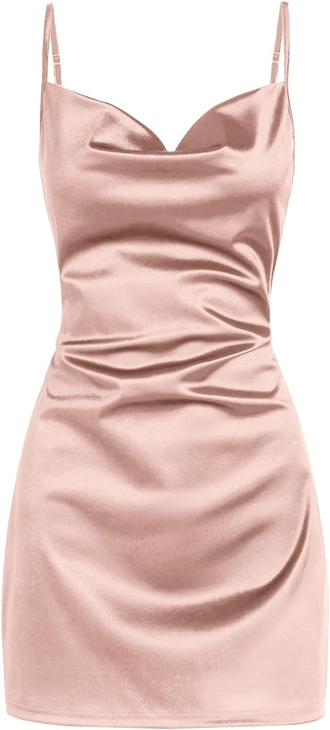 ZAFUL Women's Satin Sleeveless Spaghetti Strap Mini Dress Sexy Slip Cowl Neck Silky Cocktail Party Dresses