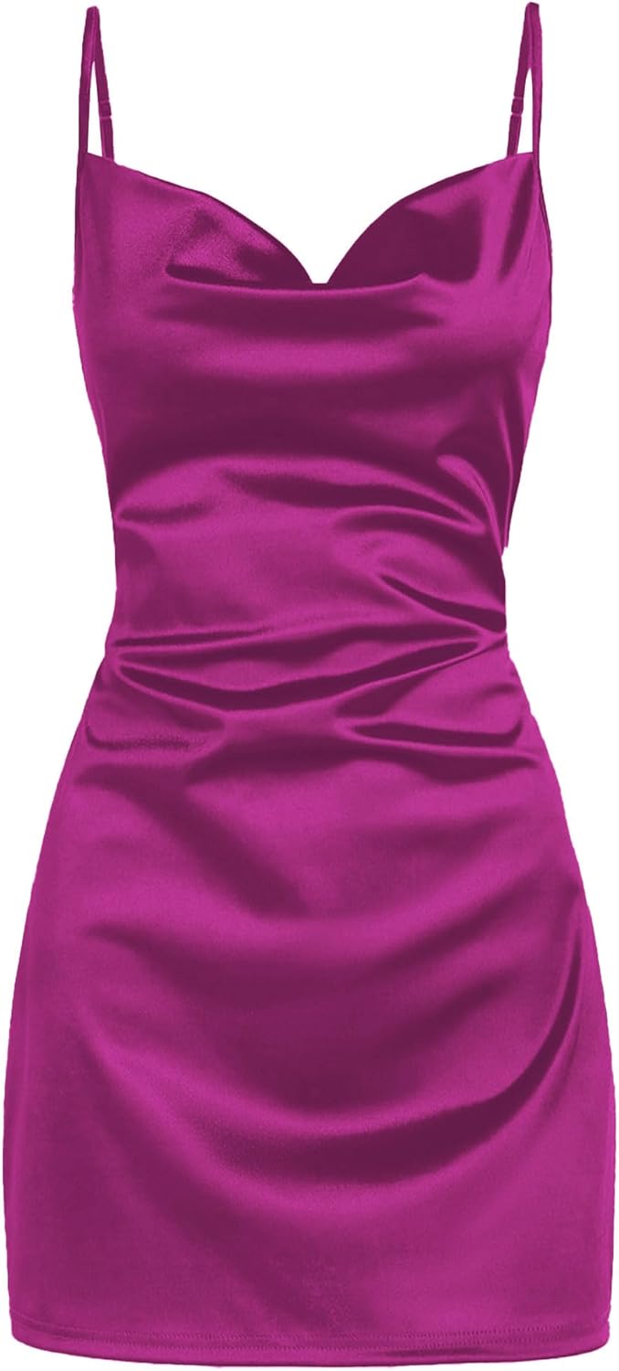 ZAFUL Women's Satin Sleeveless Spaghetti Strap Mini Dress Sexy Slip Cowl Neck Silky Cocktail Party Dresses