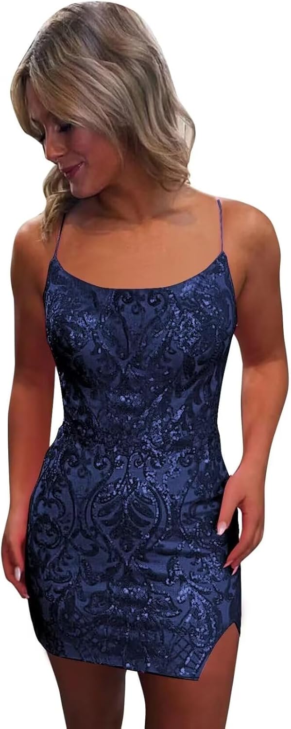 Tight Sequin Homecoming Dresses for Teens Sparkly Short Prom Dress with Slit Glitter Cocktail Gowns