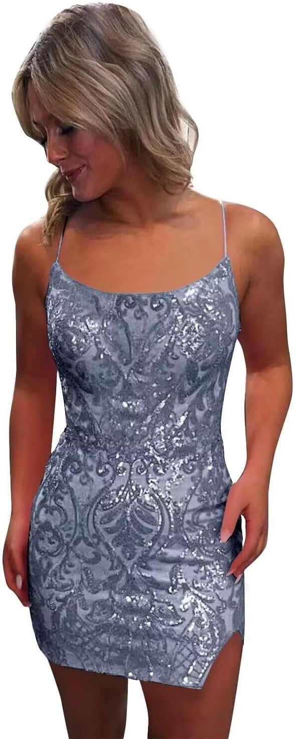 Tight Sequin Homecoming Dresses for Teens Sparkly Short Prom Dress with Slit Glitter Cocktail Gowns