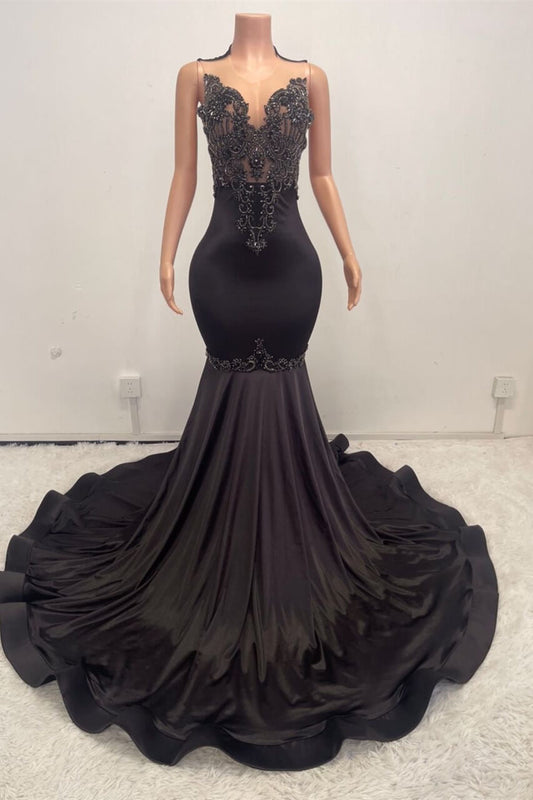 Stunning Black Scoop Sleeveless Prom Dress Mermaid Long With Beadings