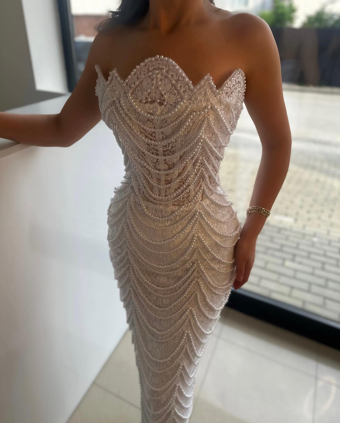 Stunning Strapless Mermaid Lace Evening Prom Dresss With Pearls Long On Sale