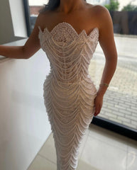 Stunning Strapless Mermaid Lace Evening Prom Dresss With Pearls Long On Sale