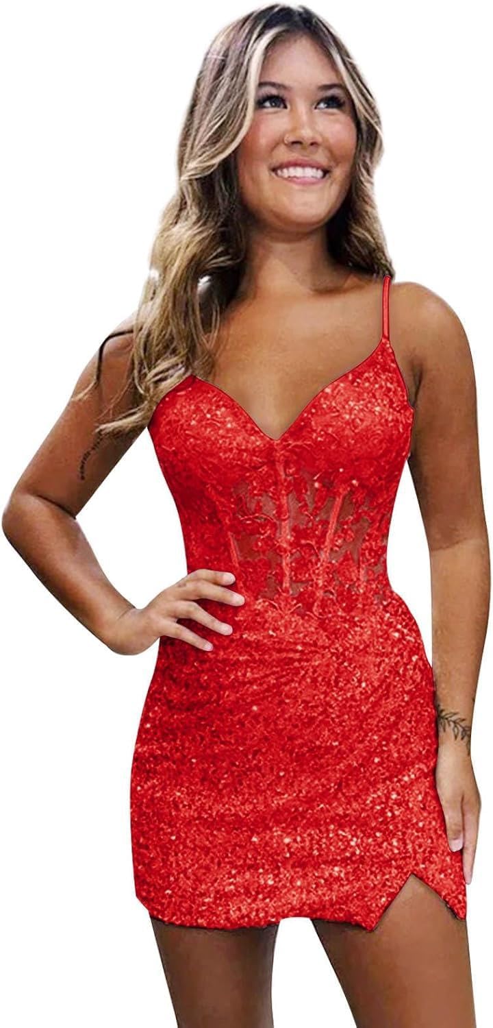 Loyeloy Short Homecoming Dresses for Teens 2025 V Neck Sparkly Sequin Applique Prom Evening Gowns