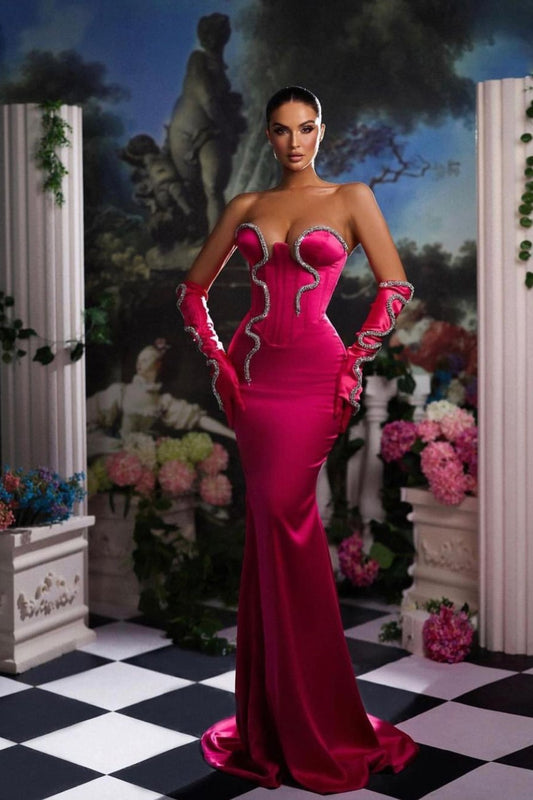 Fuchsia Prom Dress Mermaid Half Sleeves Strapless Gown