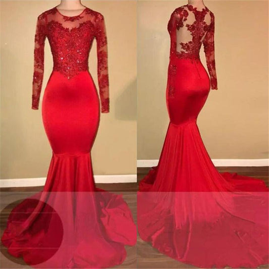 Red Long Sleeves Prom Dress Mermaid With Lace Appliques