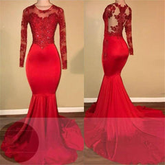 Red Long Sleeves Prom Dress Mermaid With Lace Appliques