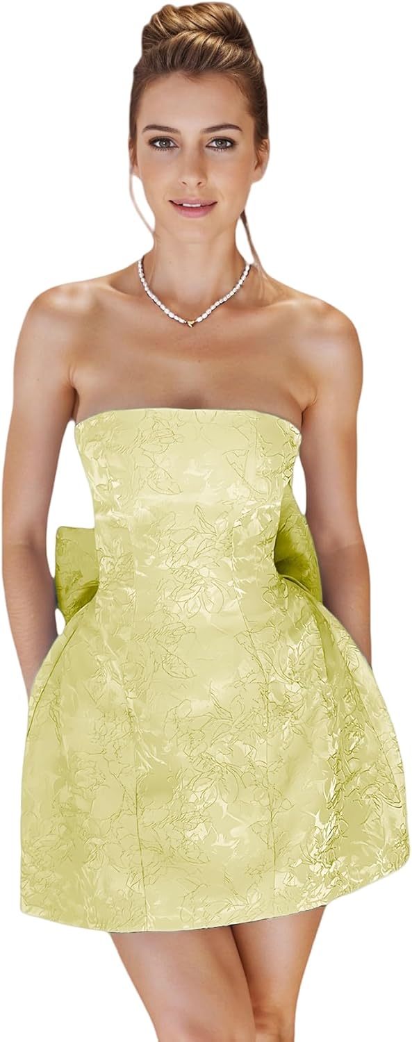JUMISEE Embroidery Satin Homecoming Dress with Bow Modest Strapless Mini Dresses A Line Short Prom Dress Party Gown
