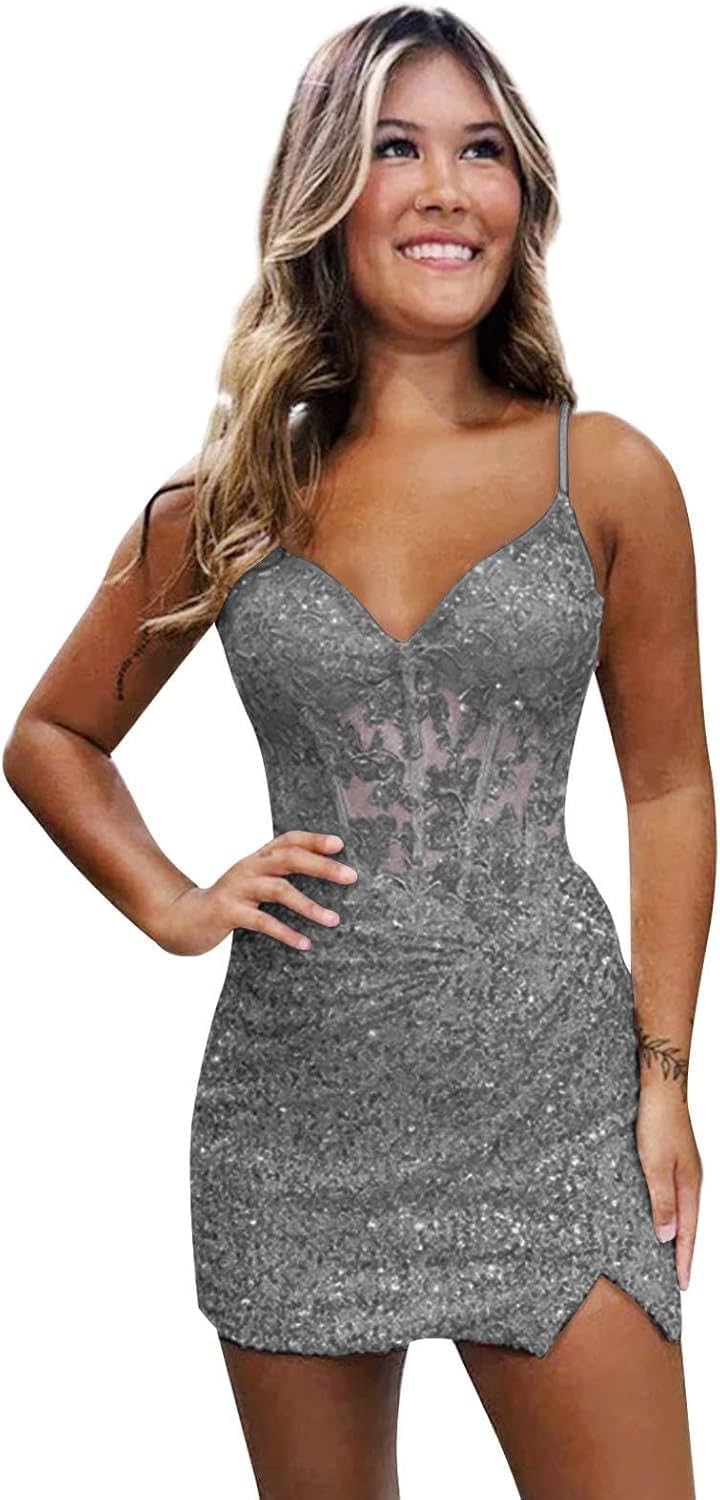 Loyeloy Short Homecoming Dresses for Teens 2025 V Neck Sparkly Sequin Applique Prom Evening Gowns