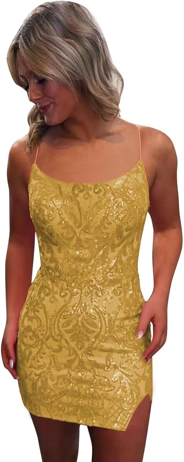 Tight Sequin Homecoming Dresses for Teens Sparkly Short Prom Dress with Slit Glitter Cocktail Gowns