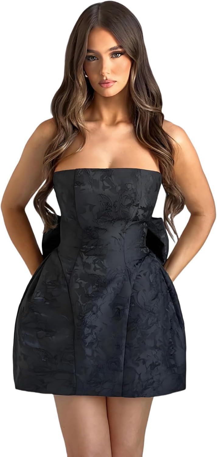 JUMISEE Embroidery Satin Homecoming Dress with Bow Modest Strapless Mini Dresses A Line Short Prom Dress Party Gown