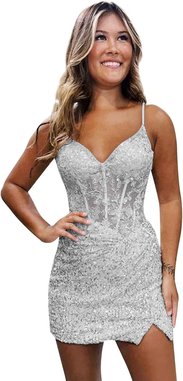 Loyeloy Short Homecoming Dresses for Teens 2025 V Neck Sparkly Sequin Applique Prom Evening Gowns