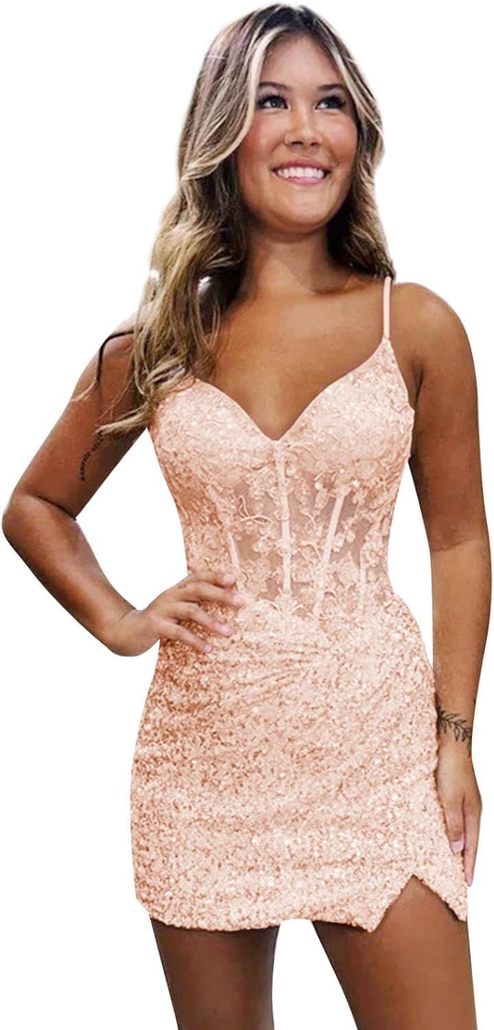 Loyeloy Short Homecoming Dresses for Teens 2025 V Neck Sparkly Sequin Applique Prom Evening Gowns