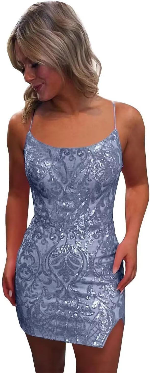Tight Sequin Homecoming Dresses for Teens Sparkly Short Prom Dress with Slit Glitter Cocktail Gowns