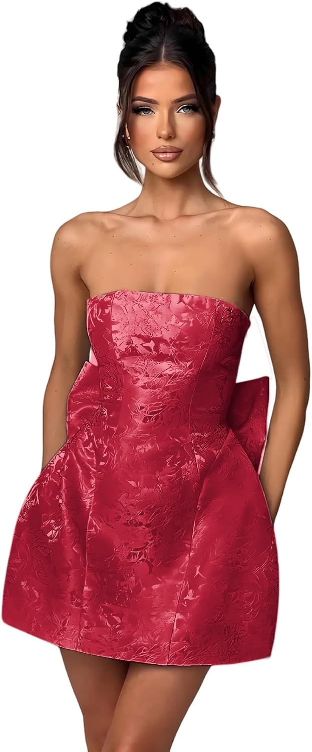 JUMISEE Embroidery Satin Homecoming Dress with Bow Modest Strapless Mini Dresses A Line Short Prom Dress Party Gown