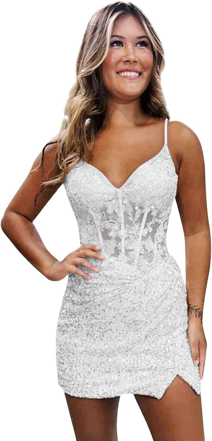 Loyeloy Short Homecoming Dresses for Teens 2025 V Neck Sparkly Sequin Applique Prom Evening Gowns