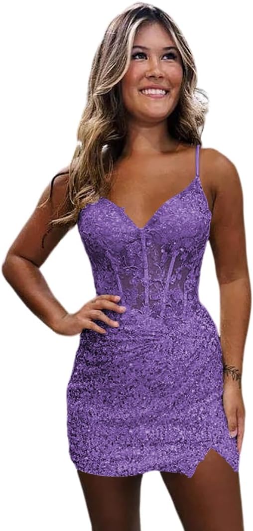 Loyeloy Short Homecoming Dresses for Teens 2025 V Neck Sparkly Sequin Applique Prom Evening Gowns
