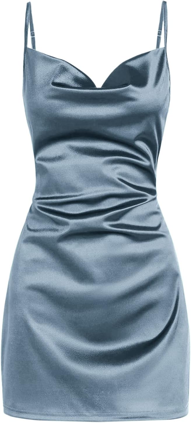 ZAFUL Women's Satin Sleeveless Spaghetti Strap Mini Dress Sexy Slip Cowl Neck Silky Cocktail Party Dresses