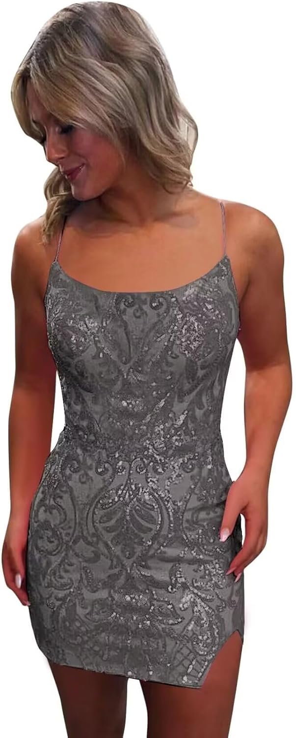 Tight Sequin Homecoming Dresses for Teens Sparkly Short Prom Dress with Slit Glitter Cocktail Gowns