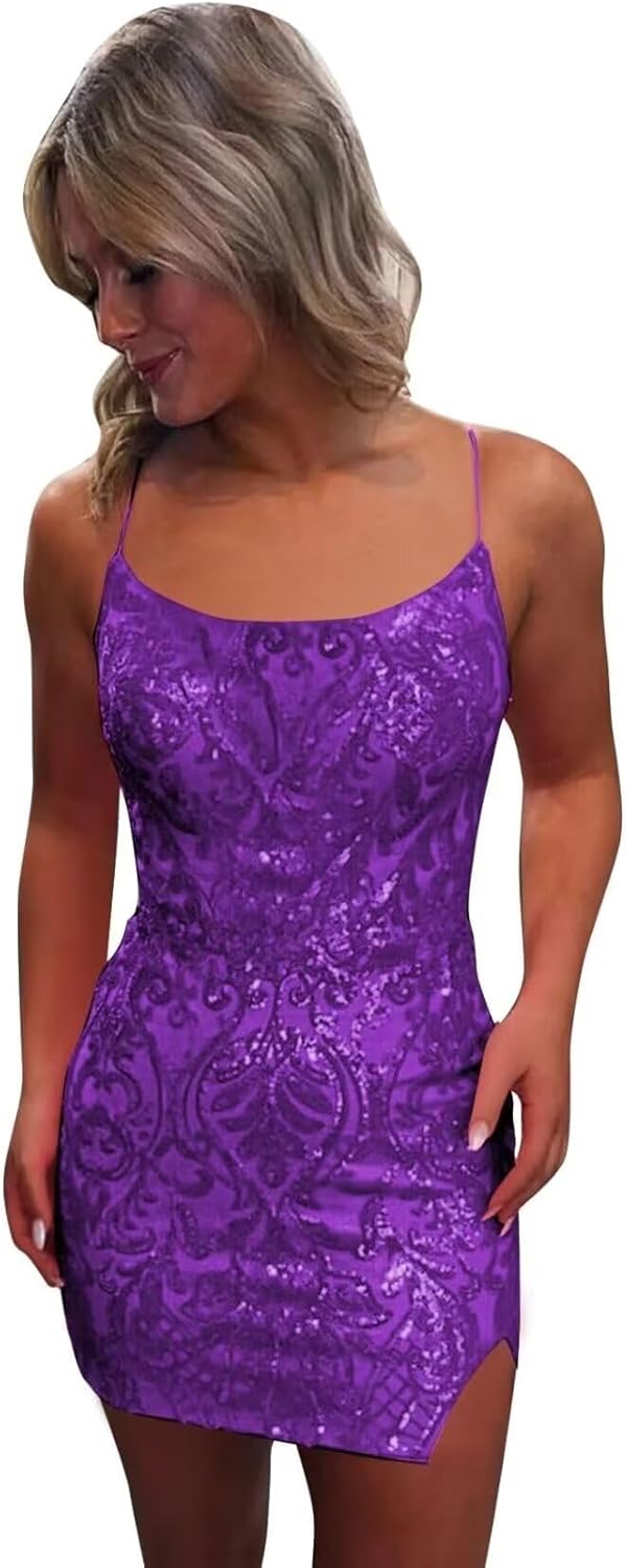 Tight Sequin Homecoming Dresses for Teens Sparkly Short Prom Dress with Slit Glitter Cocktail Gowns