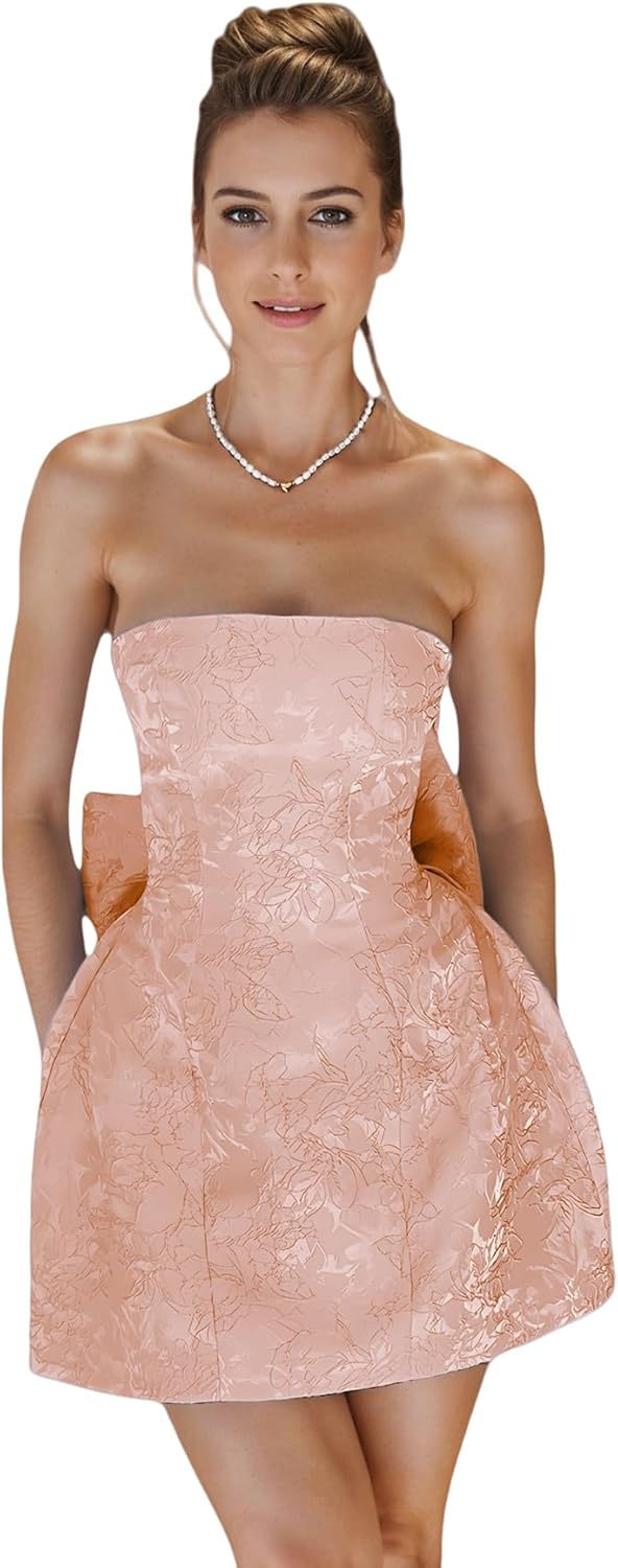 JUMISEE Embroidery Satin Homecoming Dress with Bow Modest Strapless Mini Dresses A Line Short Prom Dress Party Gown
