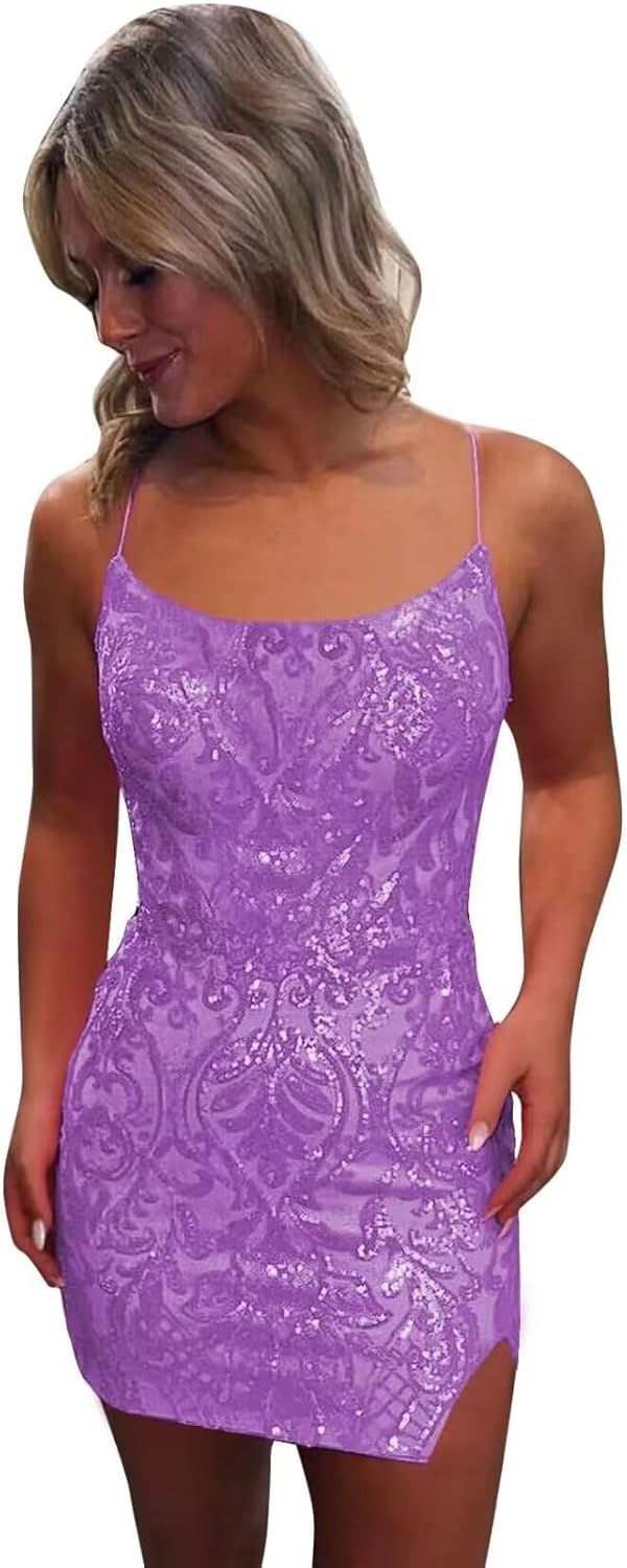 Tight Sequin Homecoming Dresses for Teens Sparkly Short Prom Dress with Slit Glitter Cocktail Gowns