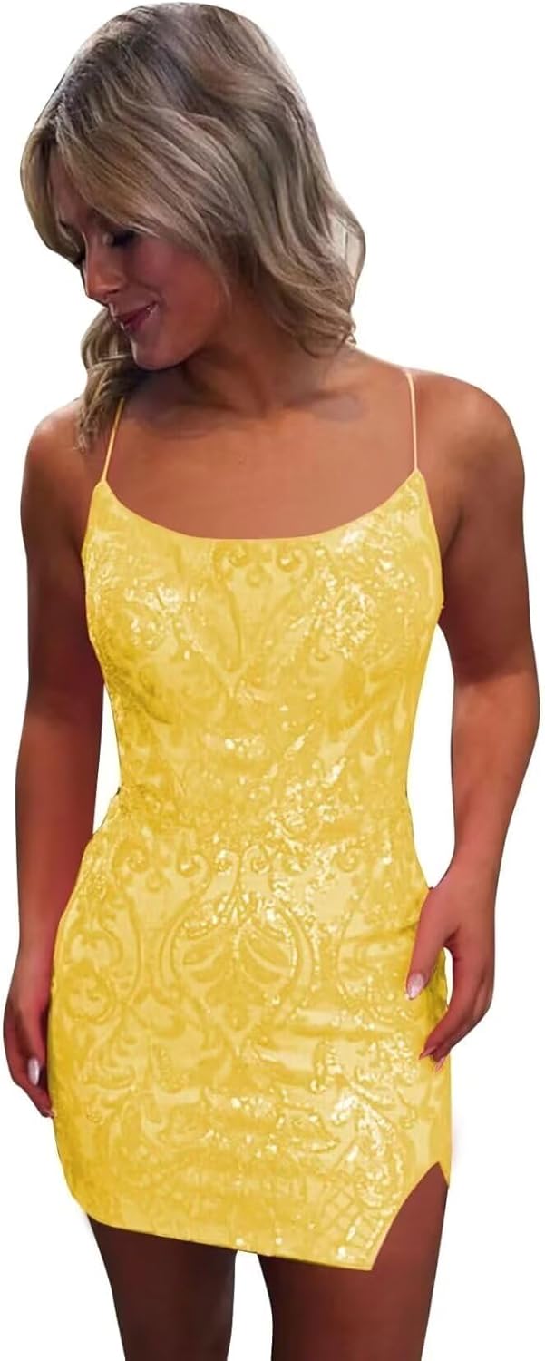 Tight Sequin Homecoming Dresses for Teens Sparkly Short Prom Dress with Slit Glitter Cocktail Gowns