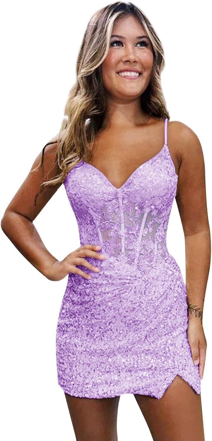 Loyeloy Short Homecoming Dresses for Teens 2025 V Neck Sparkly Sequin Applique Prom Evening Gowns