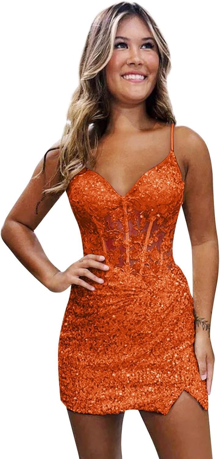 Loyeloy Short Homecoming Dresses for Teens 2025 V Neck Sparkly Sequin Applique Prom Evening Gowns