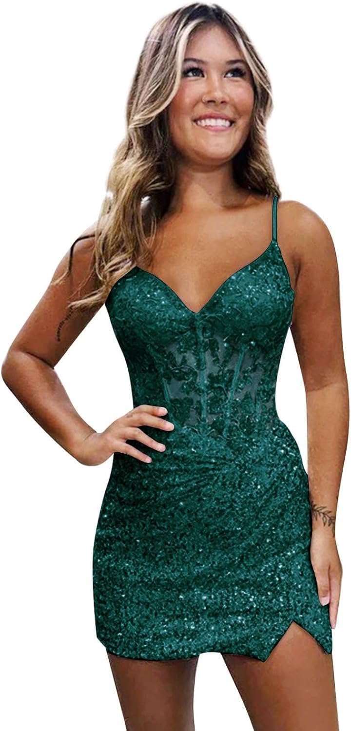 Loyeloy Short Homecoming Dresses for Teens 2025 V Neck Sparkly Sequin Applique Prom Evening Gowns