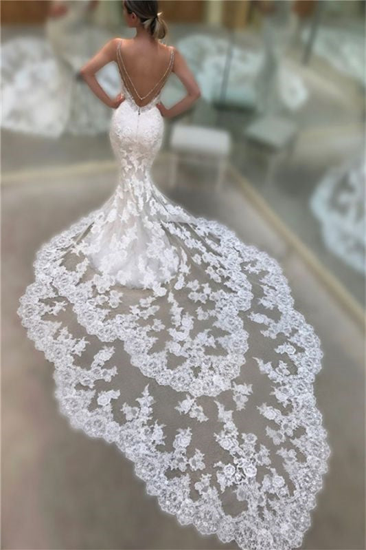 Long Mermaid Wedding Dress with Spaghetti Straps, V-Neck, and Lace, Backless Design
