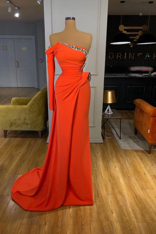 Modern Orange Long Sleeves Prom Dress Mermaid With Sequins
