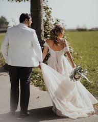 Elegant Off-The-Shoulder Boho Wedding Gown in A-line Tulle and Lace