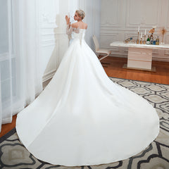 Elegant A-Line Satin Wedding Dress with Off-the-Shoulder Lace Long Sleeves