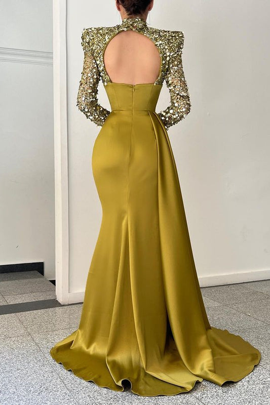 Charming Long Sleeves High Neck Prom Dress Mermaid Sequins Beads With Slit