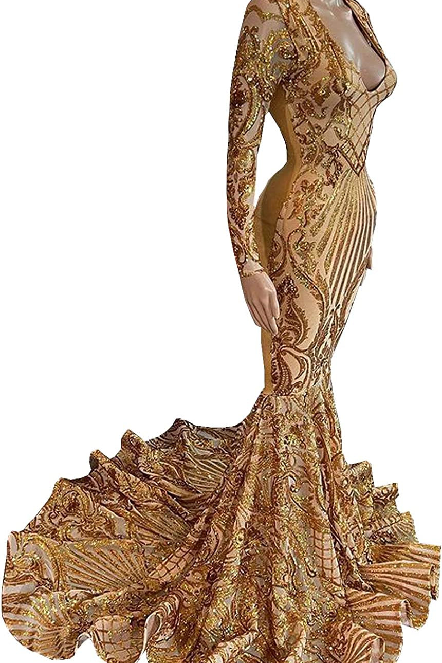 Modern Golden Yellow V-Neck Mermaid Prom Dress With Sequins Long Sleeves