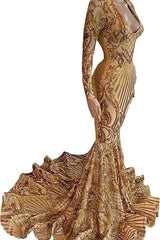 Modern Golden Yellow V-Neck Mermaid Prom Dress With Sequins Long Sleeves
