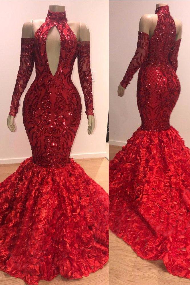 Long Sleevess Sequins Prom Dress Mermaid Flowers Evening Gowns