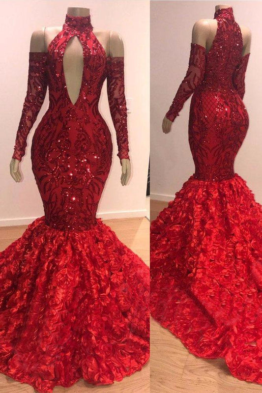 Long Sleevess Sequins Prom Dress Mermaid Flowers Evening Gowns